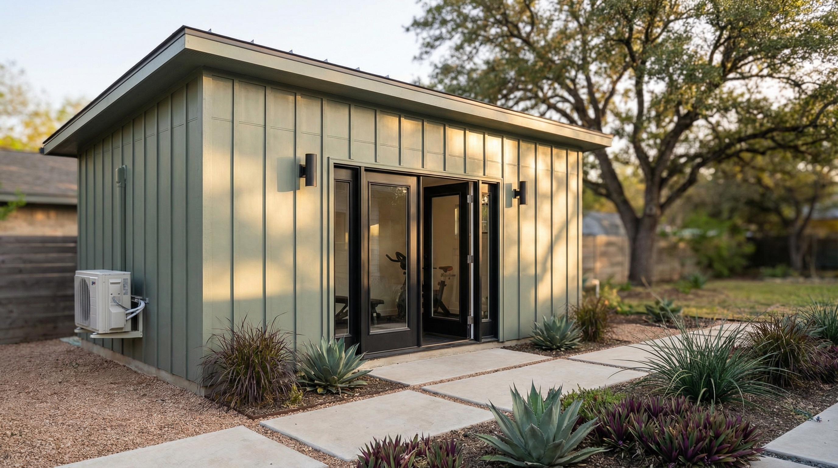 Sage green board-and-batten backyard gym with French doors, mini-split, and live oak trees, South Austin Texas