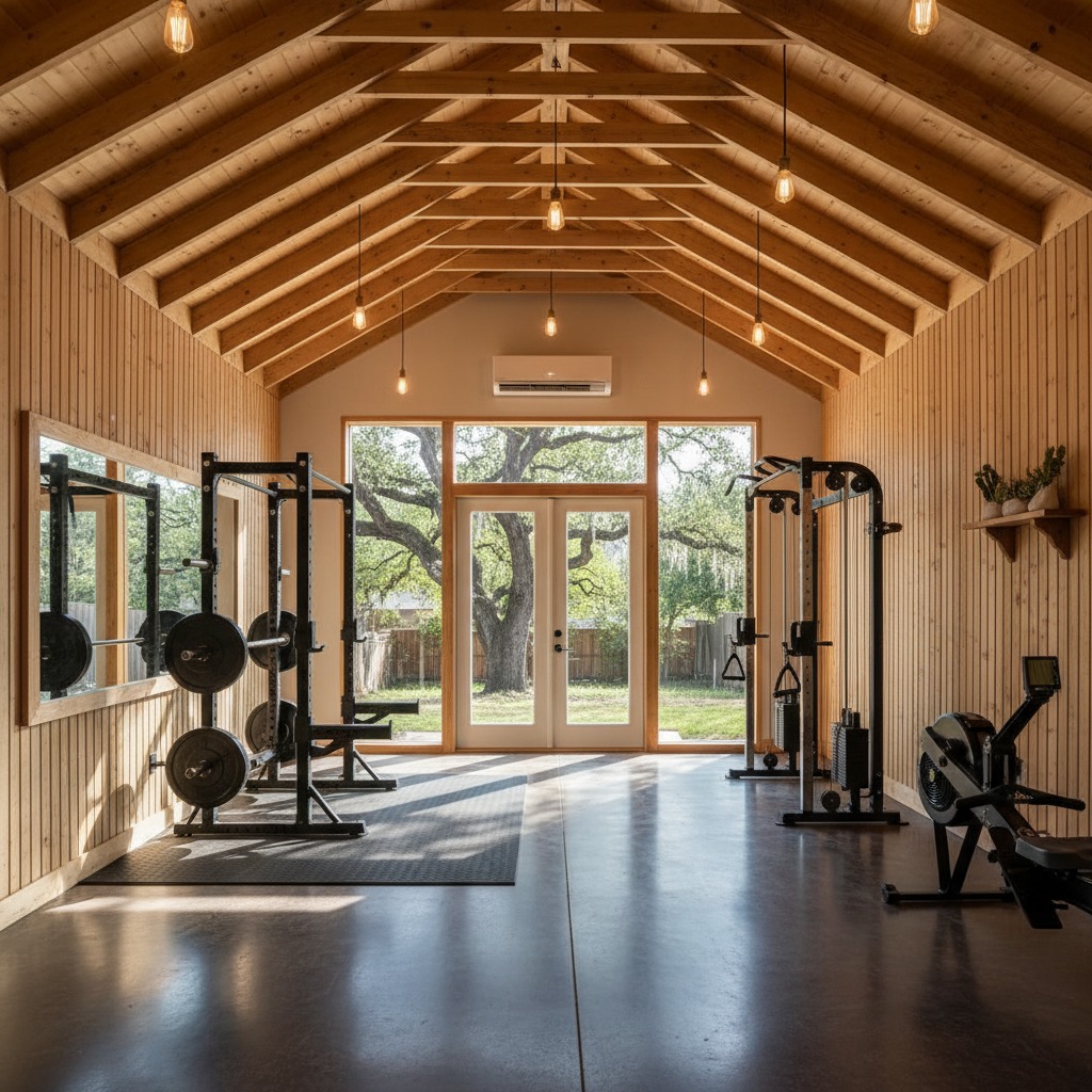 Purpose-built backyard gym studio with vaulted pine ceiling, French doors, power rack, and live oak view, South Congress Austin